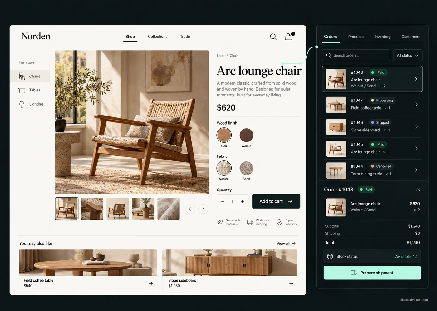 Illustrative Norden furniture store with material and fabric options, a shopping cart and an order management panel.