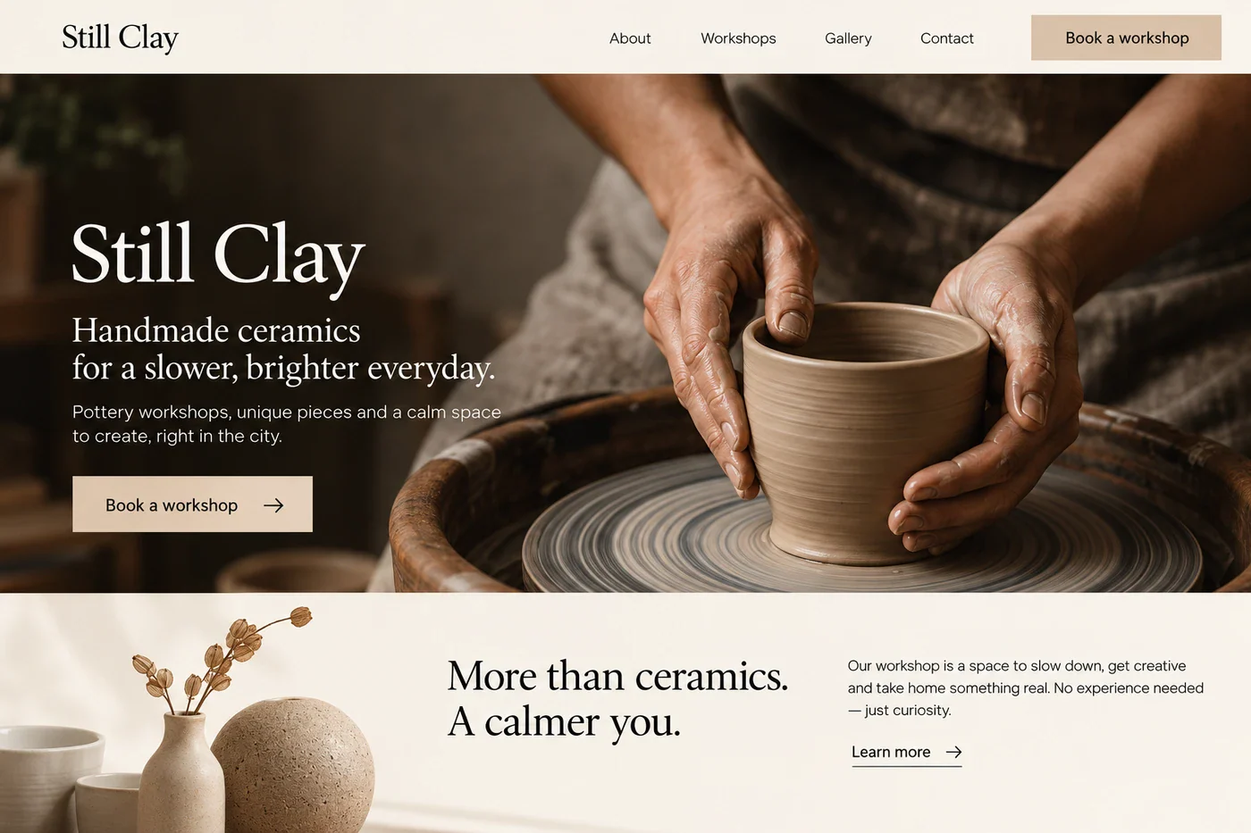 Illustrative Still Clay pottery workshop landing page.