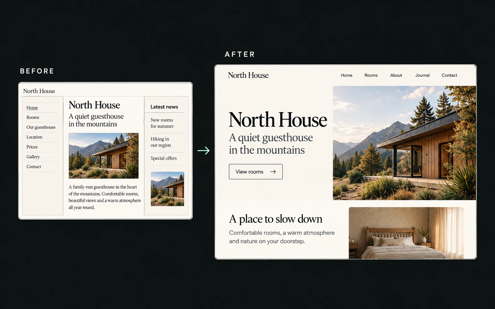 Before and after: a dated North House website and its modern rebuilt version.
